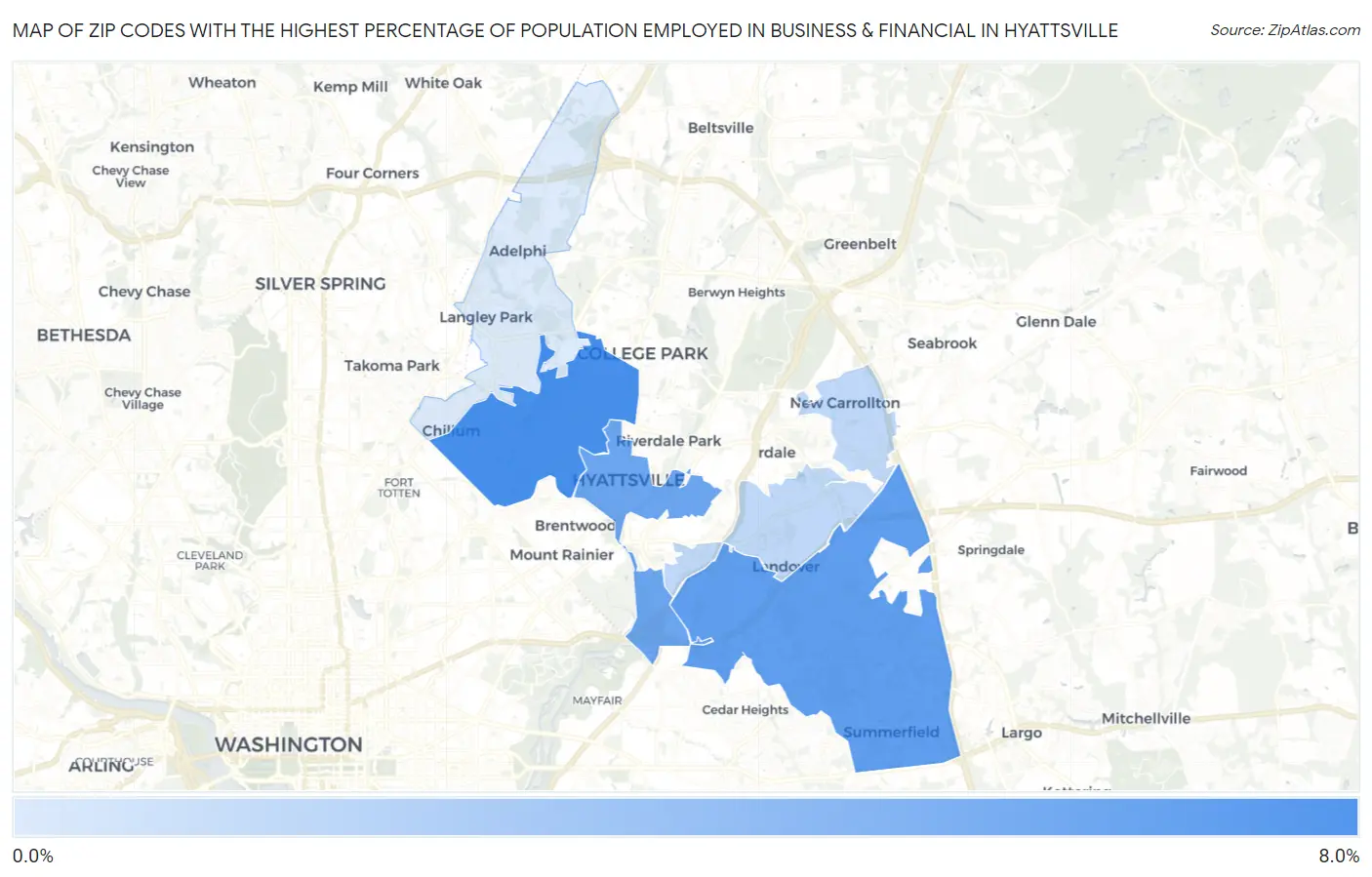 Zip Codes with the Highest Percentage of Population Employed in Business & Financial in Hyattsville Map