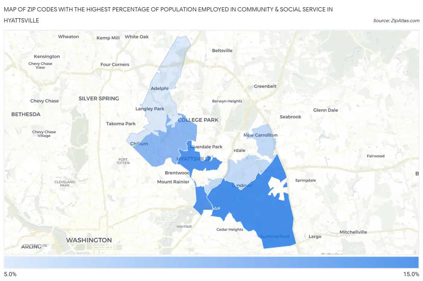 Zip Codes with the Highest Percentage of Population Employed in Community & Social Service  in Hyattsville Map