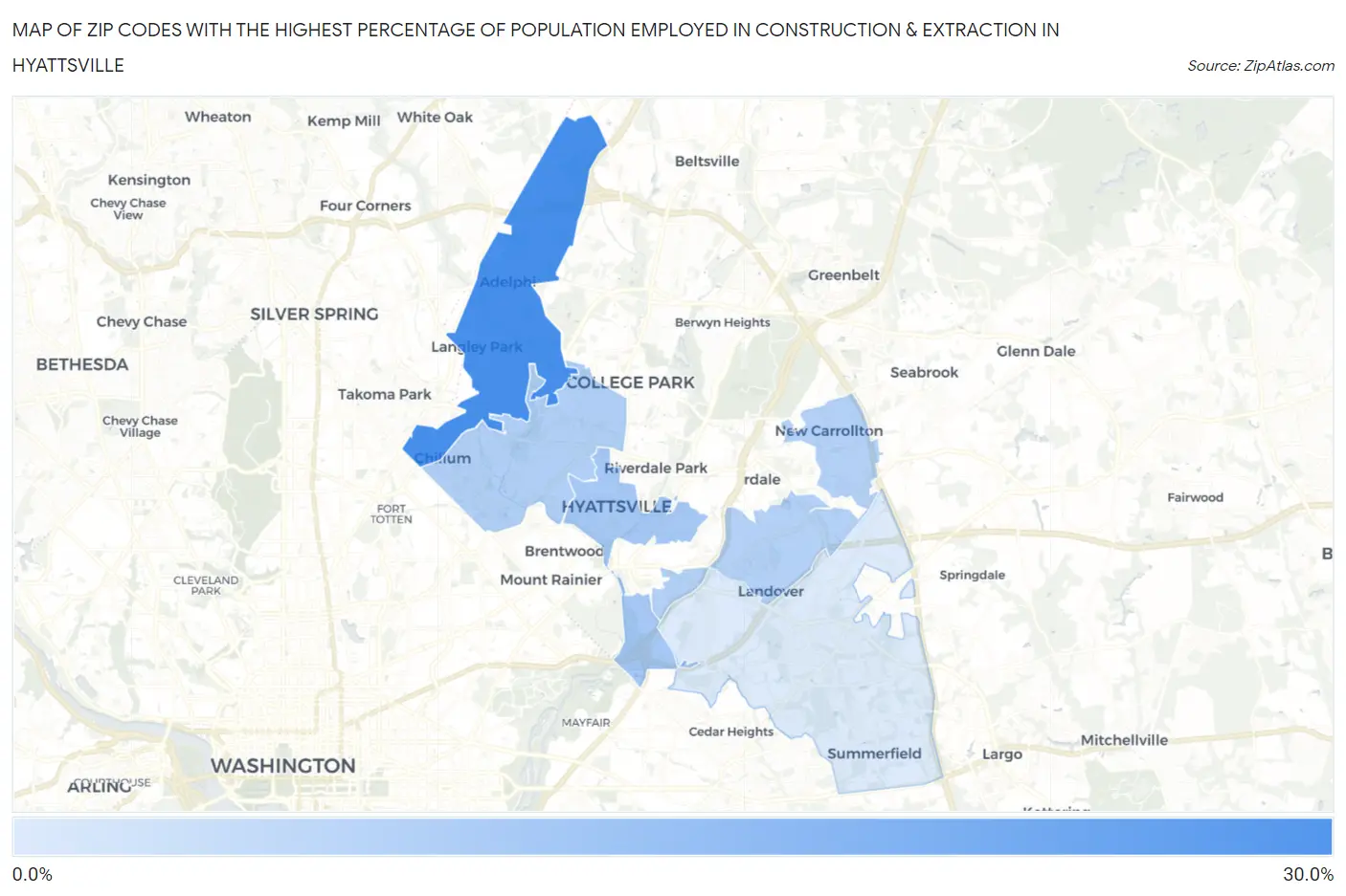 Zip Codes with the Highest Percentage of Population Employed in Construction & Extraction in Hyattsville Map