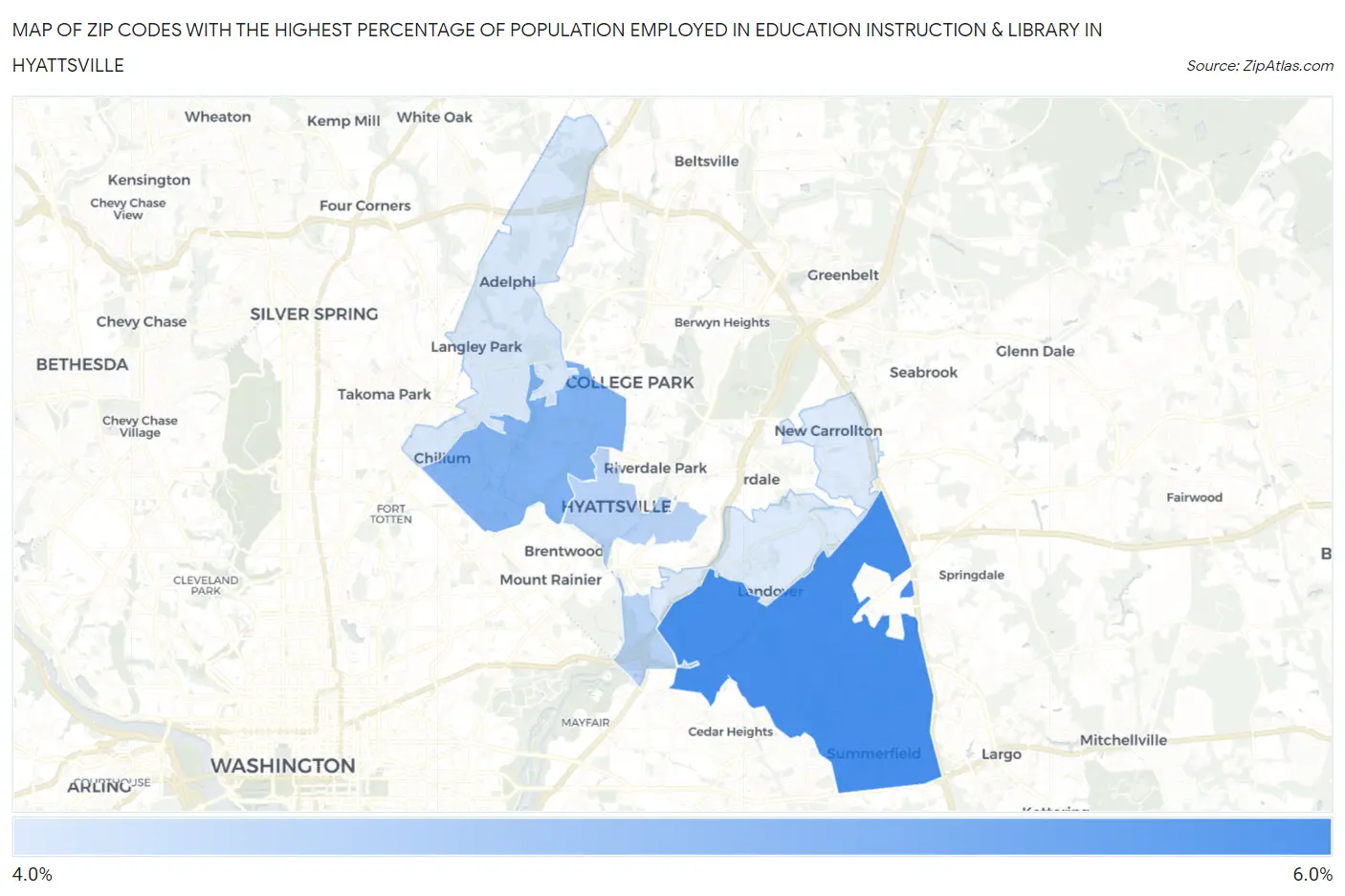 Zip Codes with the Highest Percentage of Population Employed in Education Instruction & Library in Hyattsville Map