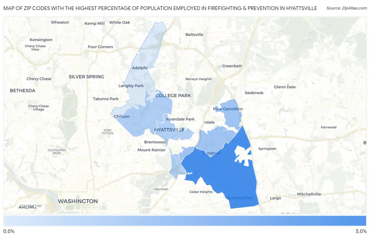 Zip Codes with the Highest Percentage of Population Employed in Firefighting & Prevention in Hyattsville Map