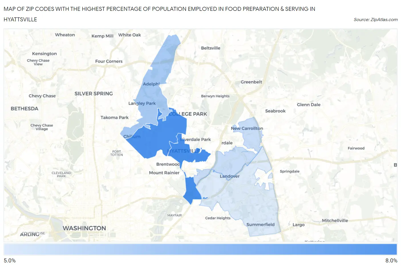 Zip Codes with the Highest Percentage of Population Employed in Food Preparation & Serving in Hyattsville Map
