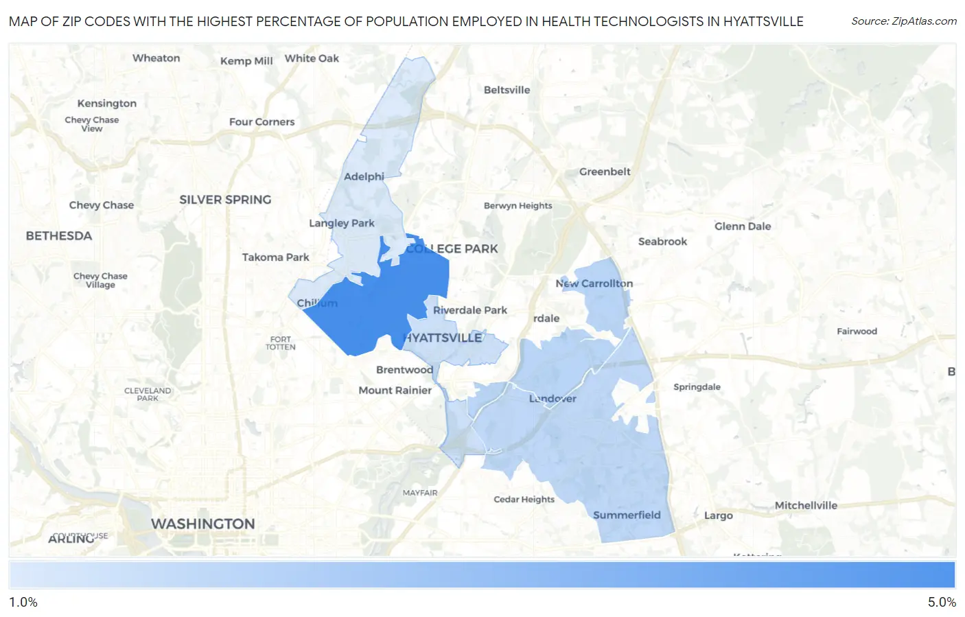 Zip Codes with the Highest Percentage of Population Employed in Health Technologists in Hyattsville Map