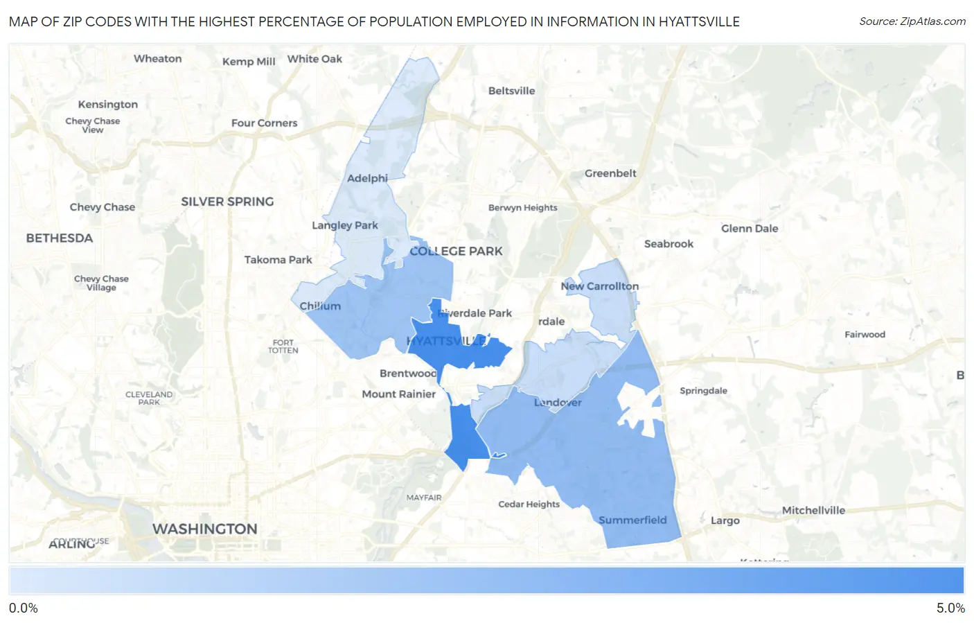 Zip Codes with the Highest Percentage of Population Employed in Information in Hyattsville Map