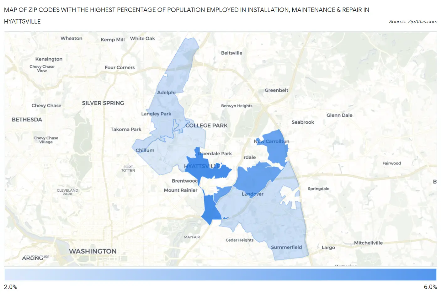 Zip Codes with the Highest Percentage of Population Employed in Installation, Maintenance & Repair in Hyattsville Map