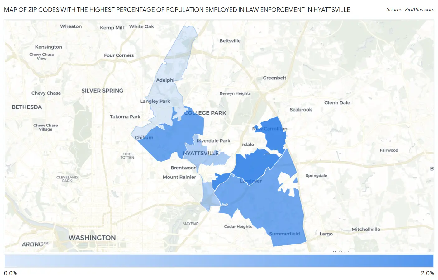 Zip Codes with the Highest Percentage of Population Employed in Law Enforcement in Hyattsville Map
