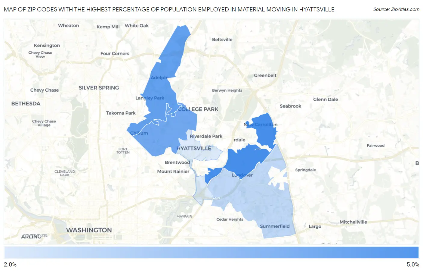 Zip Codes with the Highest Percentage of Population Employed in Material Moving in Hyattsville Map