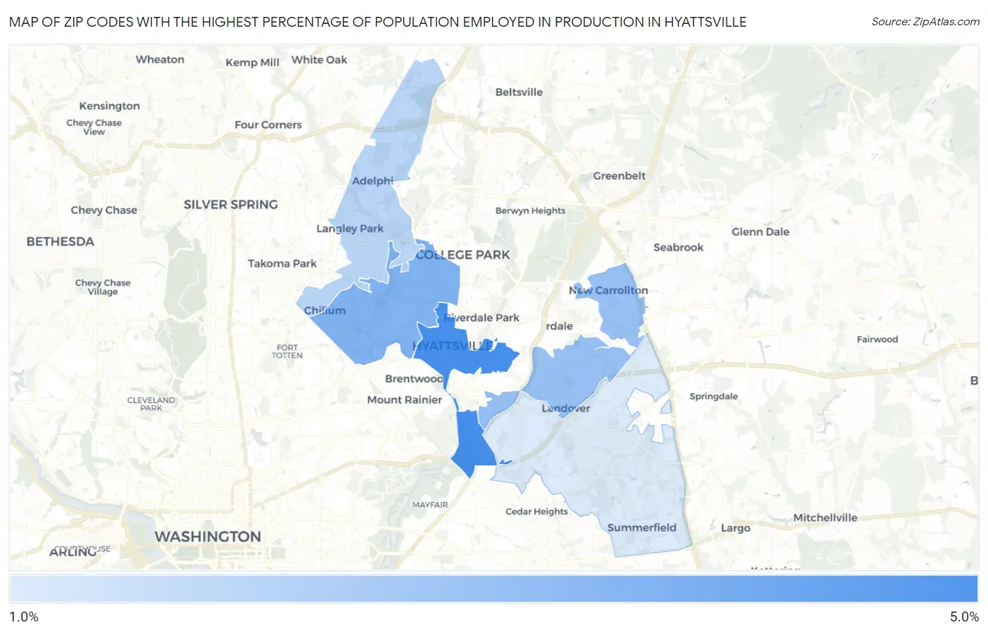 Zip Codes with the Highest Percentage of Population Employed in Production in Hyattsville Map