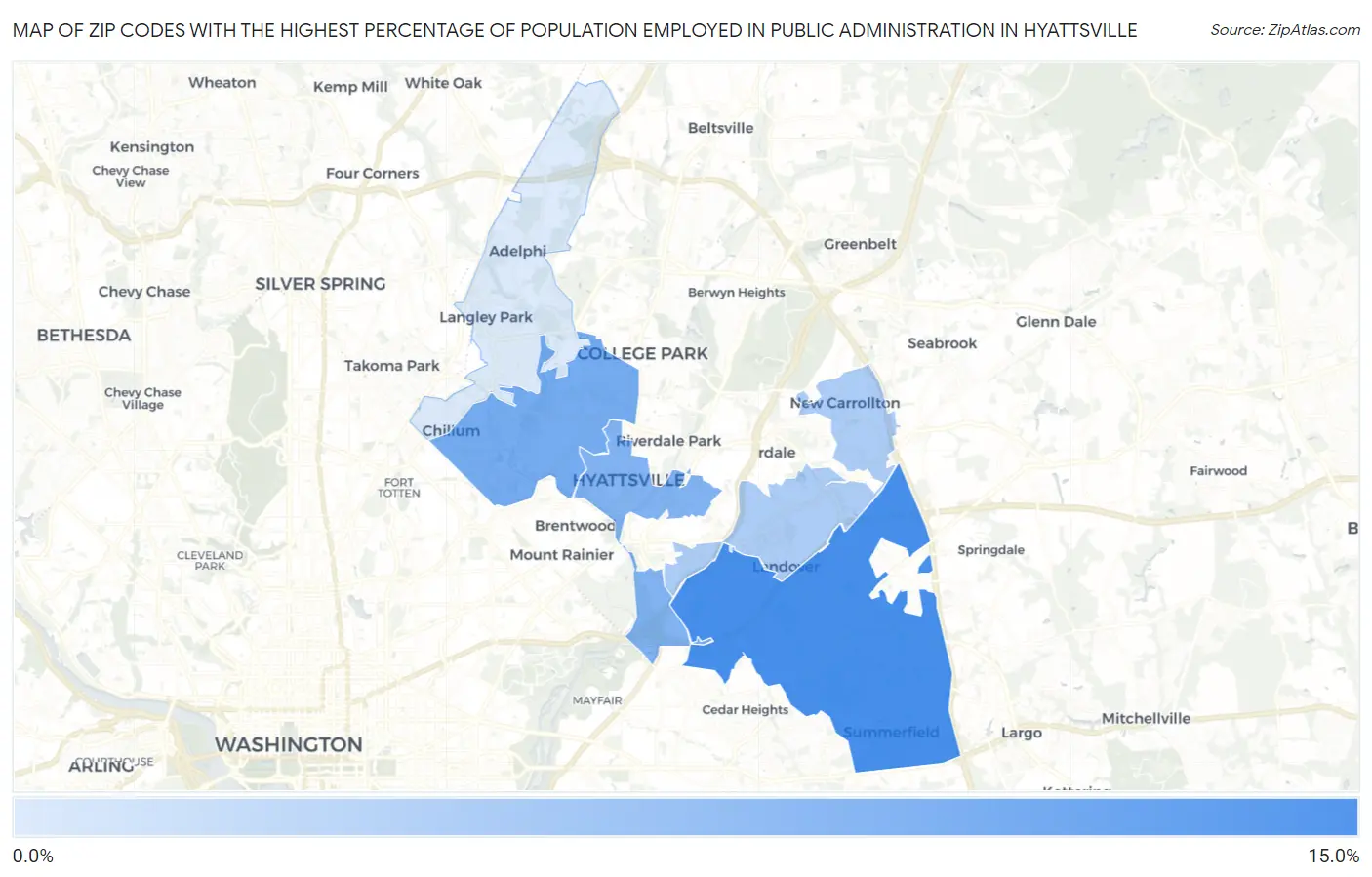 Zip Codes with the Highest Percentage of Population Employed in Public Administration in Hyattsville Map