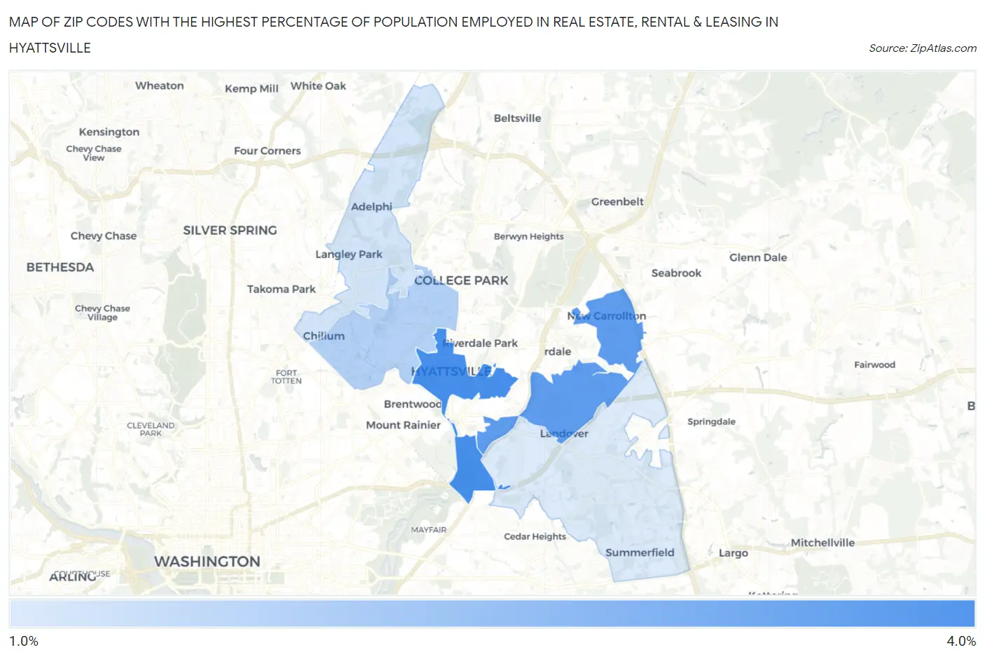 Zip Codes with the Highest Percentage of Population Employed in Real Estate, Rental & Leasing in Hyattsville Map