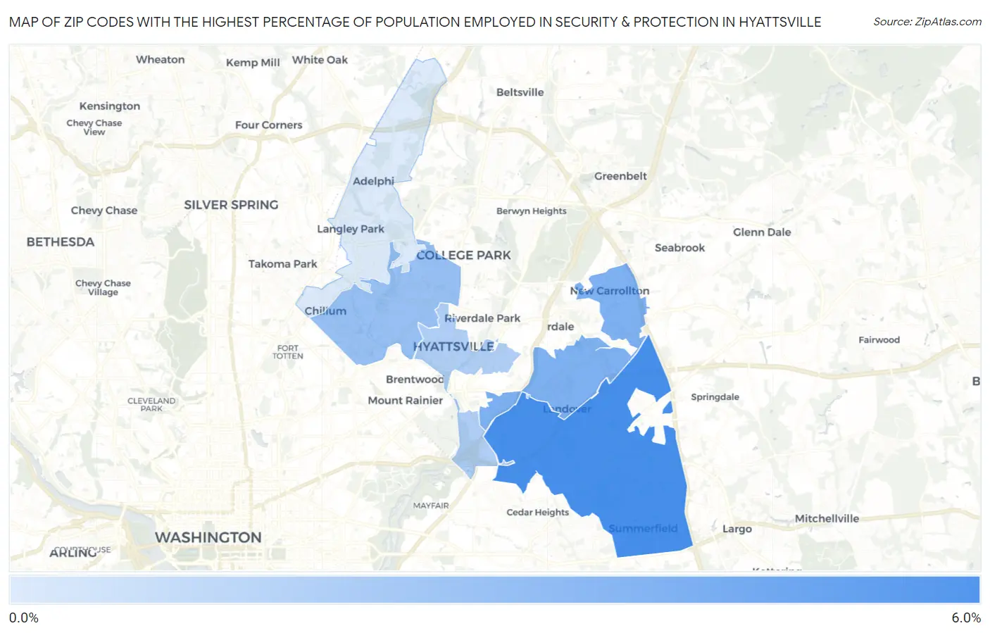Zip Codes with the Highest Percentage of Population Employed in Security & Protection in Hyattsville Map