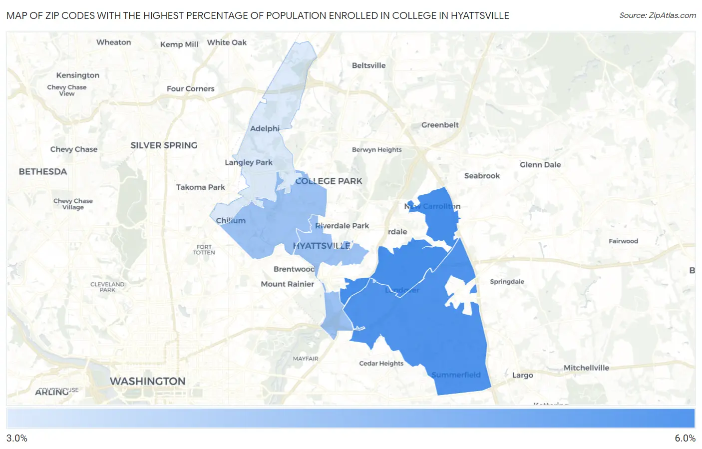 Zip Codes with the Highest Percentage of Population Enrolled in College in Hyattsville Map