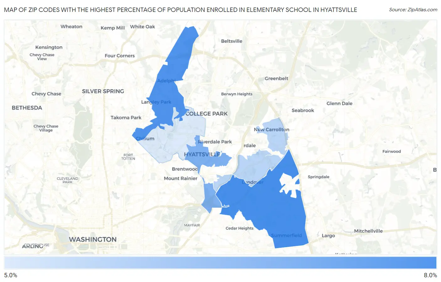 Zip Codes with the Highest Percentage of Population Enrolled in Elementary School in Hyattsville Map