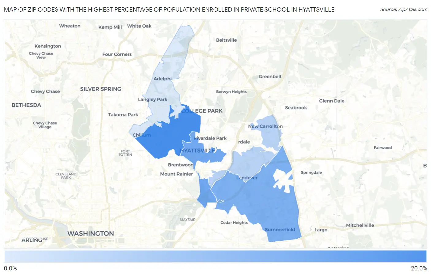 Zip Codes with the Highest Percentage of Population Enrolled in Private School in Hyattsville Map