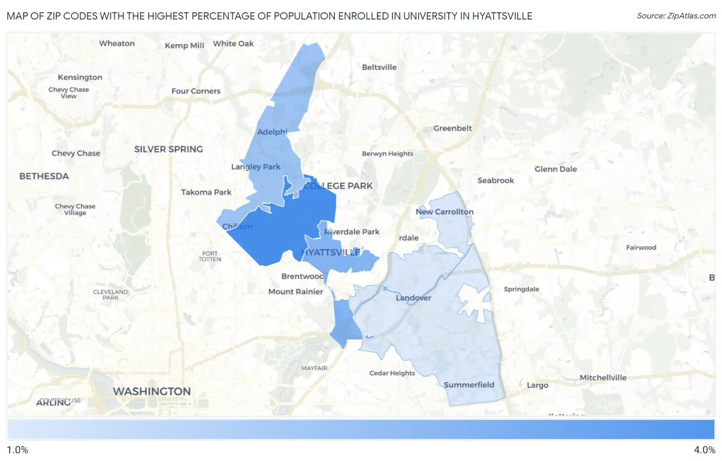 Zip Codes with the Highest Percentage of Population Enrolled in University in Hyattsville Map
