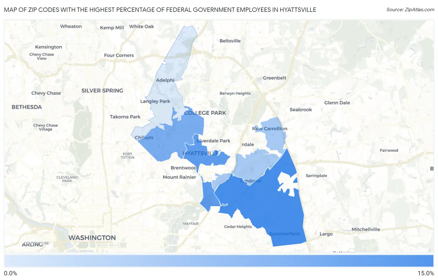 Zip Codes with the Highest Percentage of Federal Government Employees in Hyattsville Map