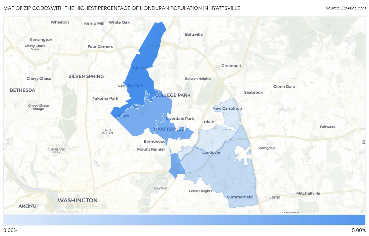 Zip Codes with the Highest Percentage of Honduran Population in Hyattsville Map