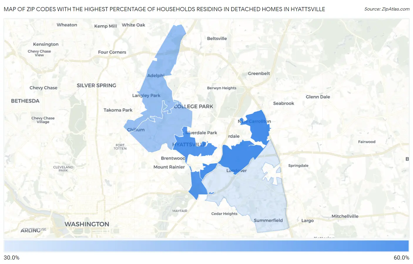 Zip Codes with the Highest Percentage of Households Residing in Detached Homes in Hyattsville Map