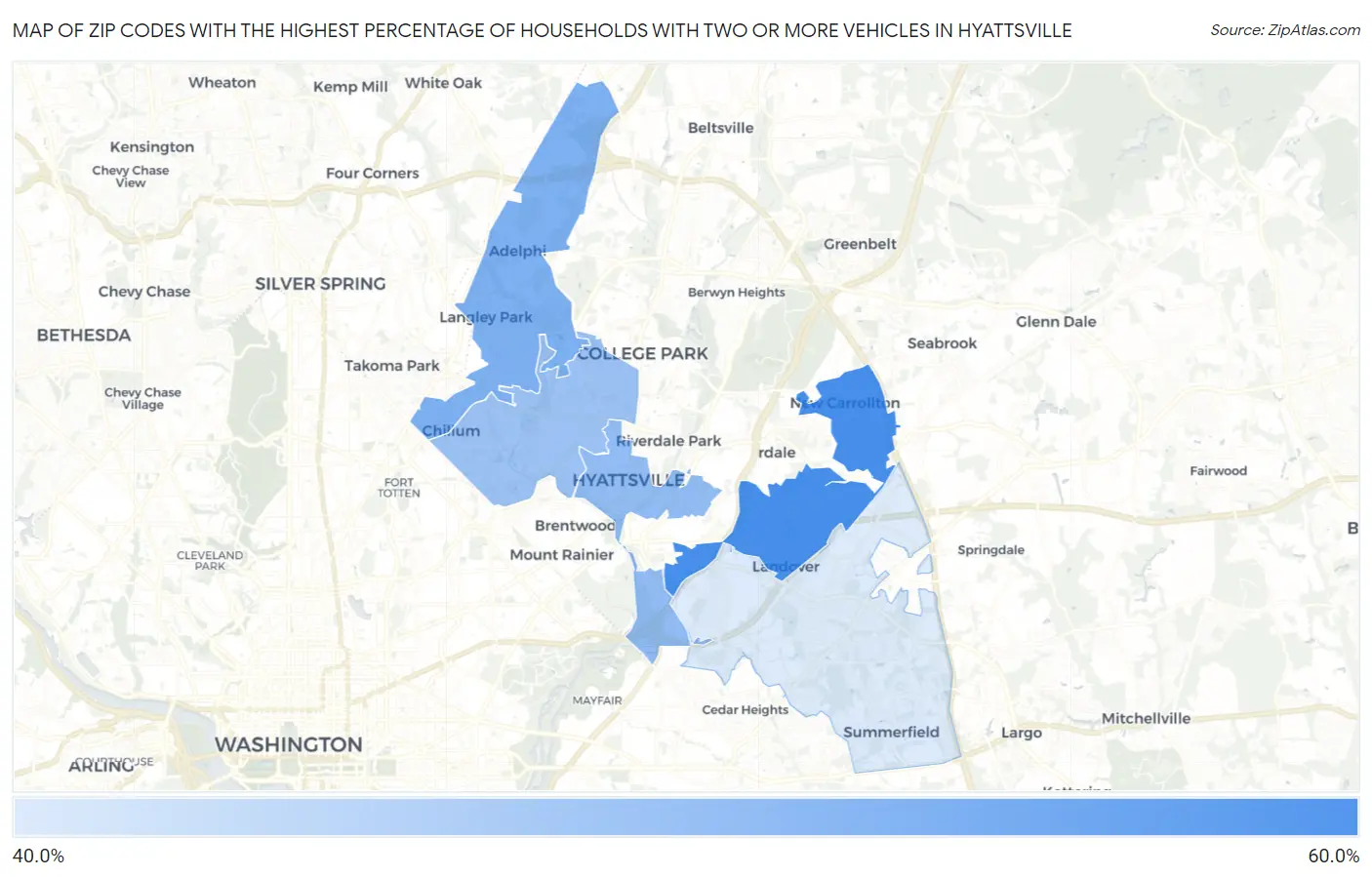 Zip Codes with the Highest Percentage of Households With Two or more Vehicles in Hyattsville Map