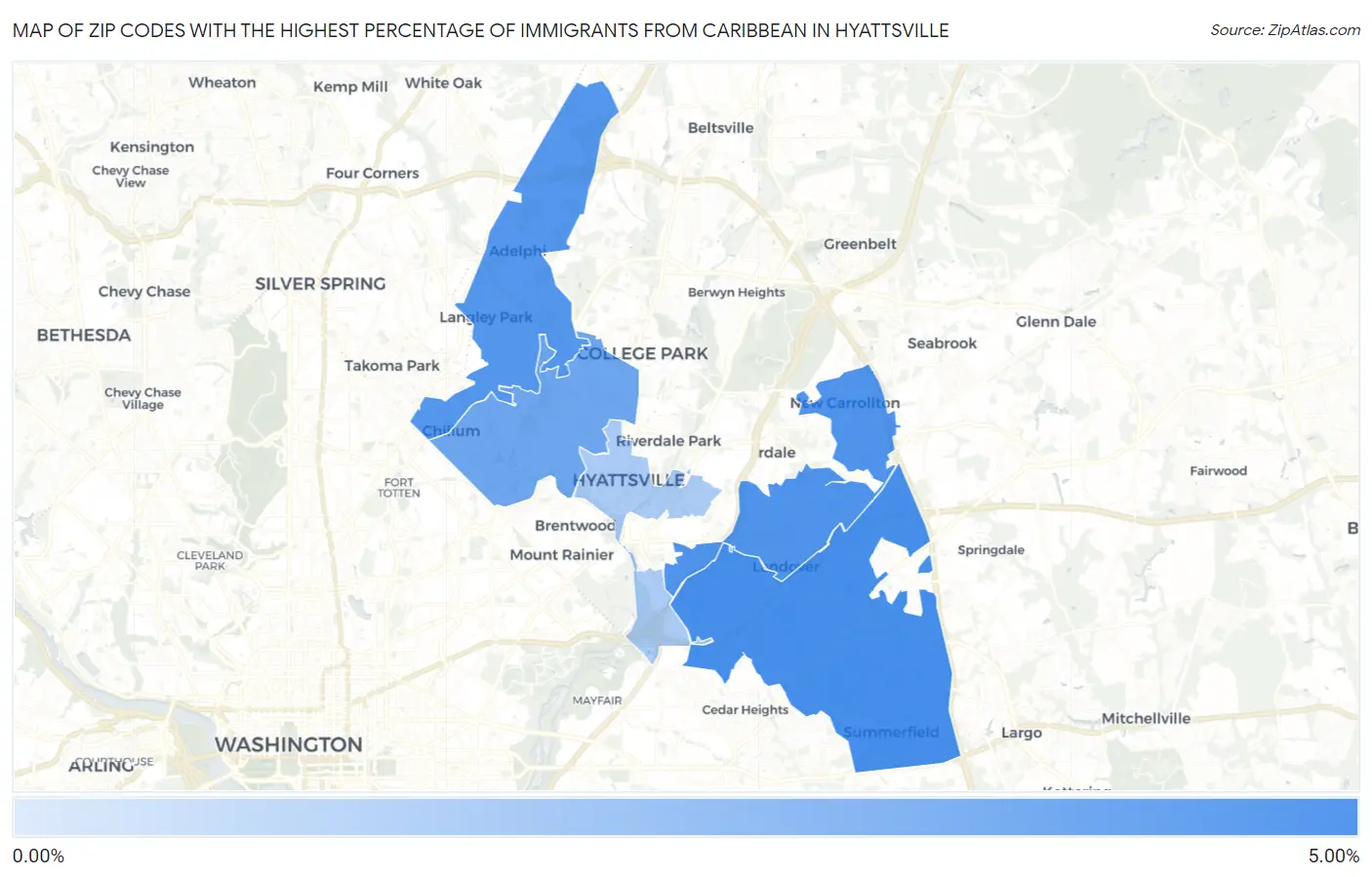 Zip Codes with the Highest Percentage of Immigrants from Caribbean in Hyattsville Map
