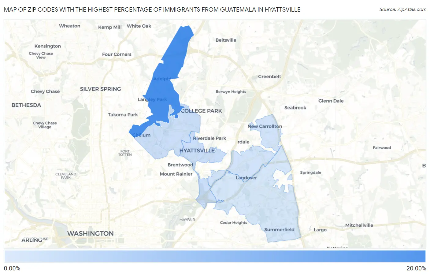 Zip Codes with the Highest Percentage of Immigrants from Guatemala in Hyattsville Map