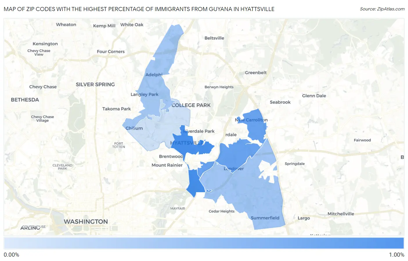 Zip Codes with the Highest Percentage of Immigrants from Guyana in Hyattsville Map