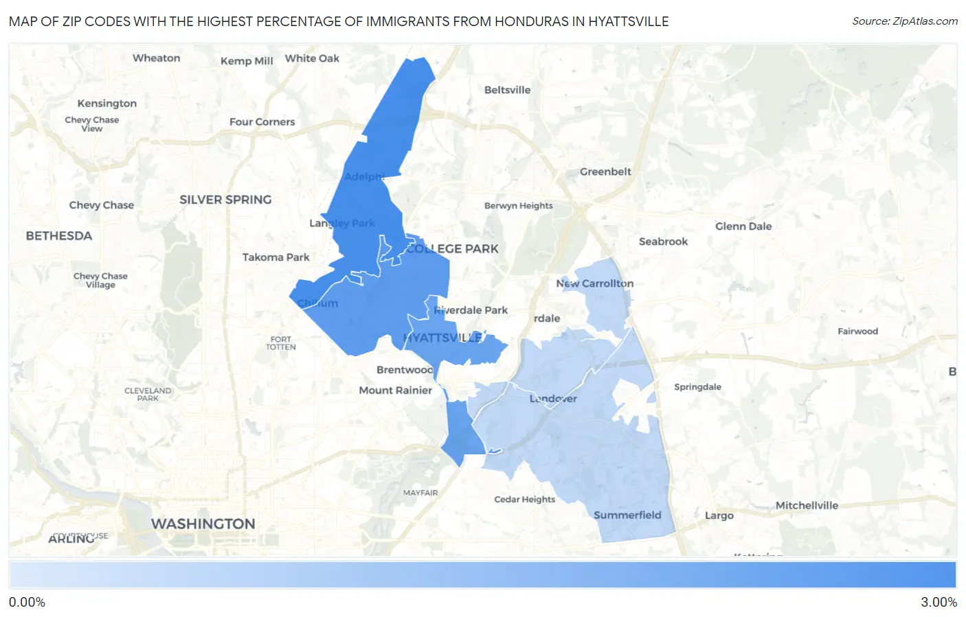 Zip Codes with the Highest Percentage of Immigrants from Honduras in Hyattsville Map