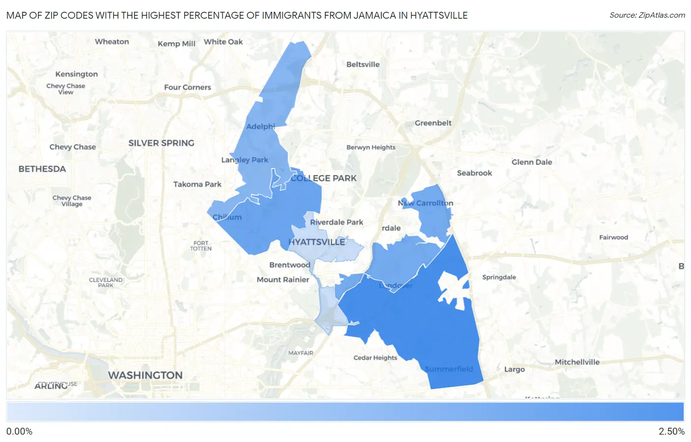 Zip Codes with the Highest Percentage of Immigrants from Jamaica in Hyattsville Map