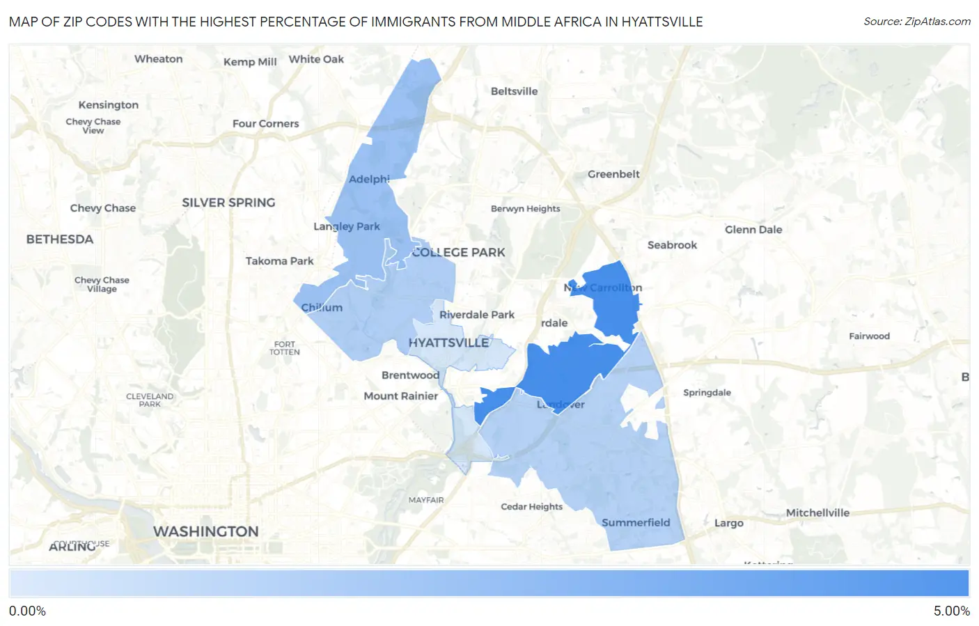 Zip Codes with the Highest Percentage of Immigrants from Middle Africa in Hyattsville Map