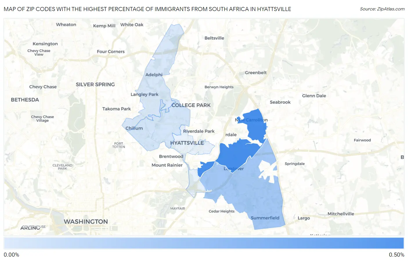 Zip Codes with the Highest Percentage of Immigrants from South Africa in Hyattsville Map