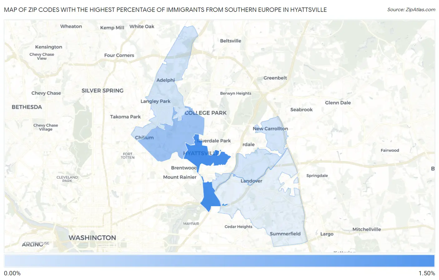Zip Codes with the Highest Percentage of Immigrants from Southern Europe in Hyattsville Map