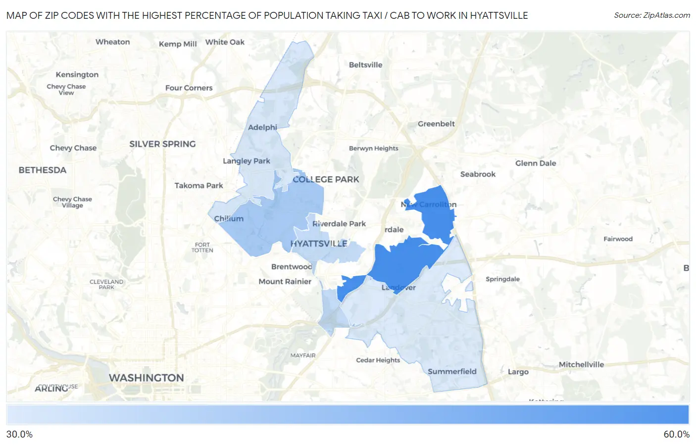Zip Codes with the Highest Percentage of Population Taking Taxi / Cab to Work in Hyattsville Map