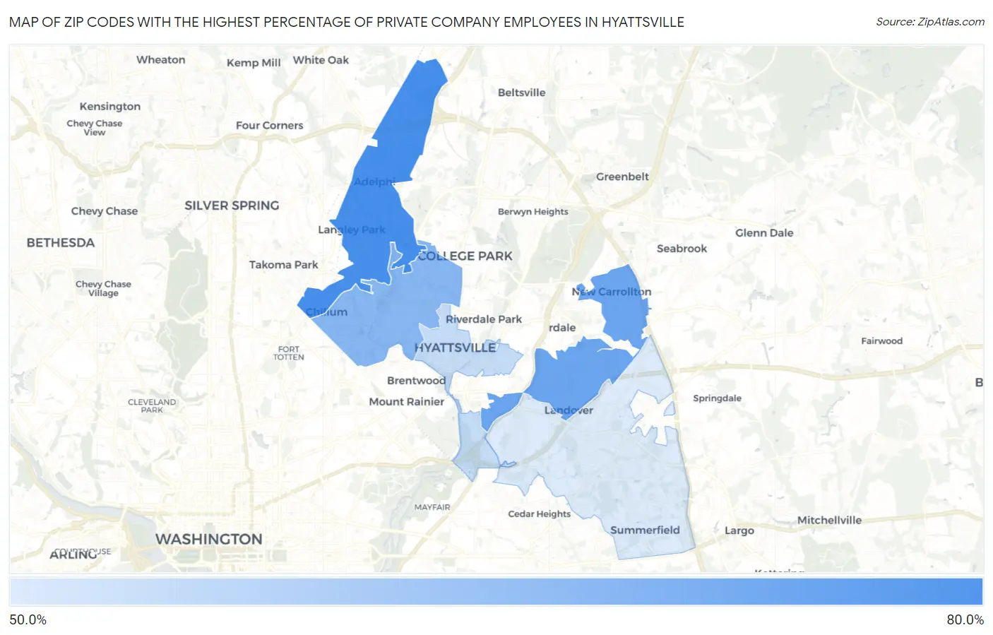 Zip Codes with the Highest Percentage of Private Company Employees in Hyattsville Map