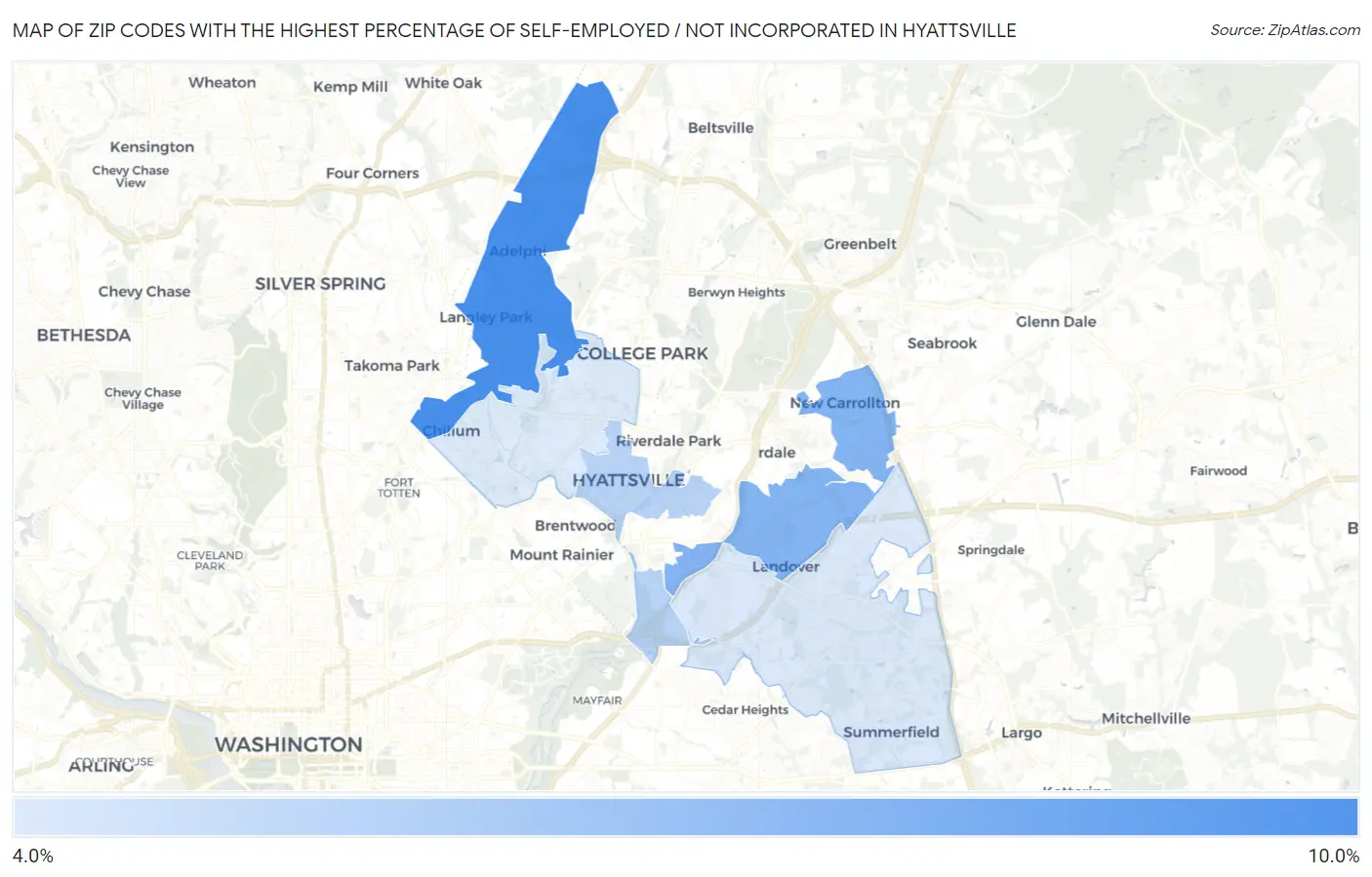 Zip Codes with the Highest Percentage of Self-Employed / Not Incorporated in Hyattsville Map