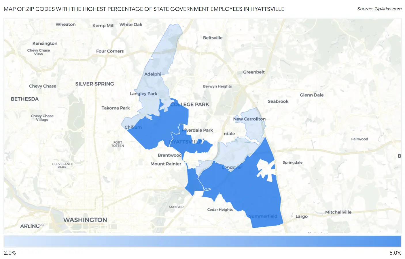 Zip Codes with the Highest Percentage of State Government Employees in Hyattsville Map