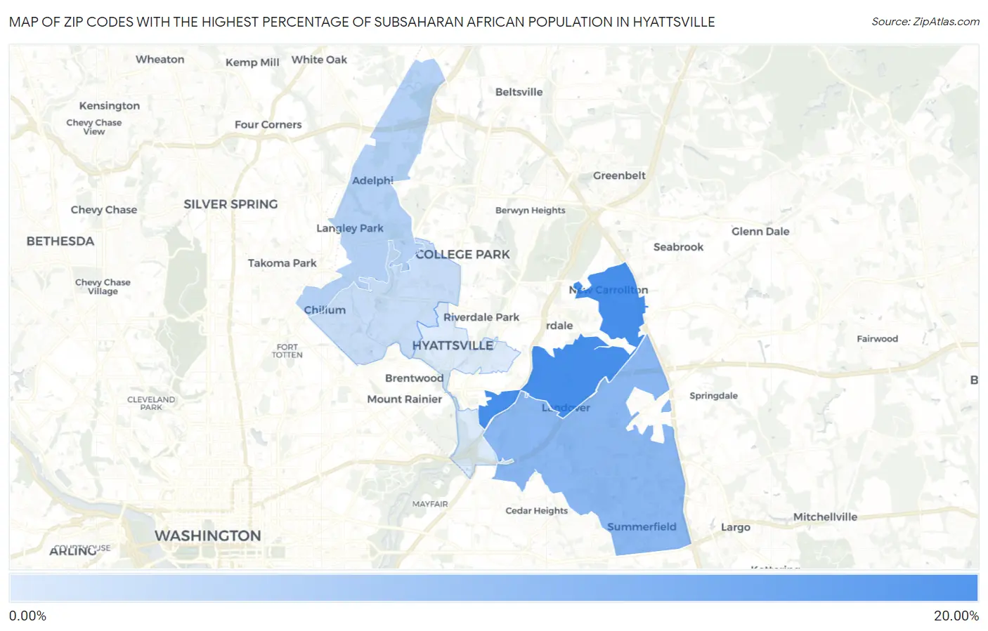 Zip Codes with the Highest Percentage of Subsaharan African Population in Hyattsville Map