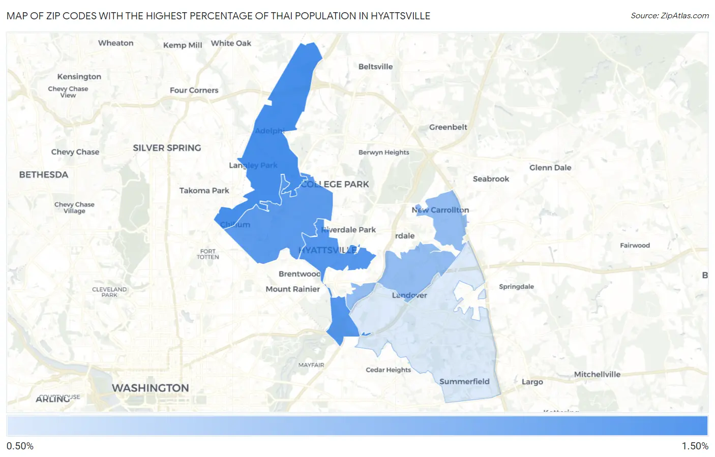 Zip Codes with the Highest Percentage of Thai Population in Hyattsville Map