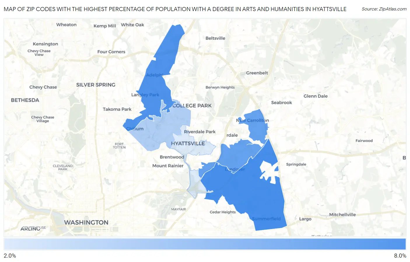 Zip Codes with the Highest Percentage of Population with a Degree in Arts and Humanities in Hyattsville Map