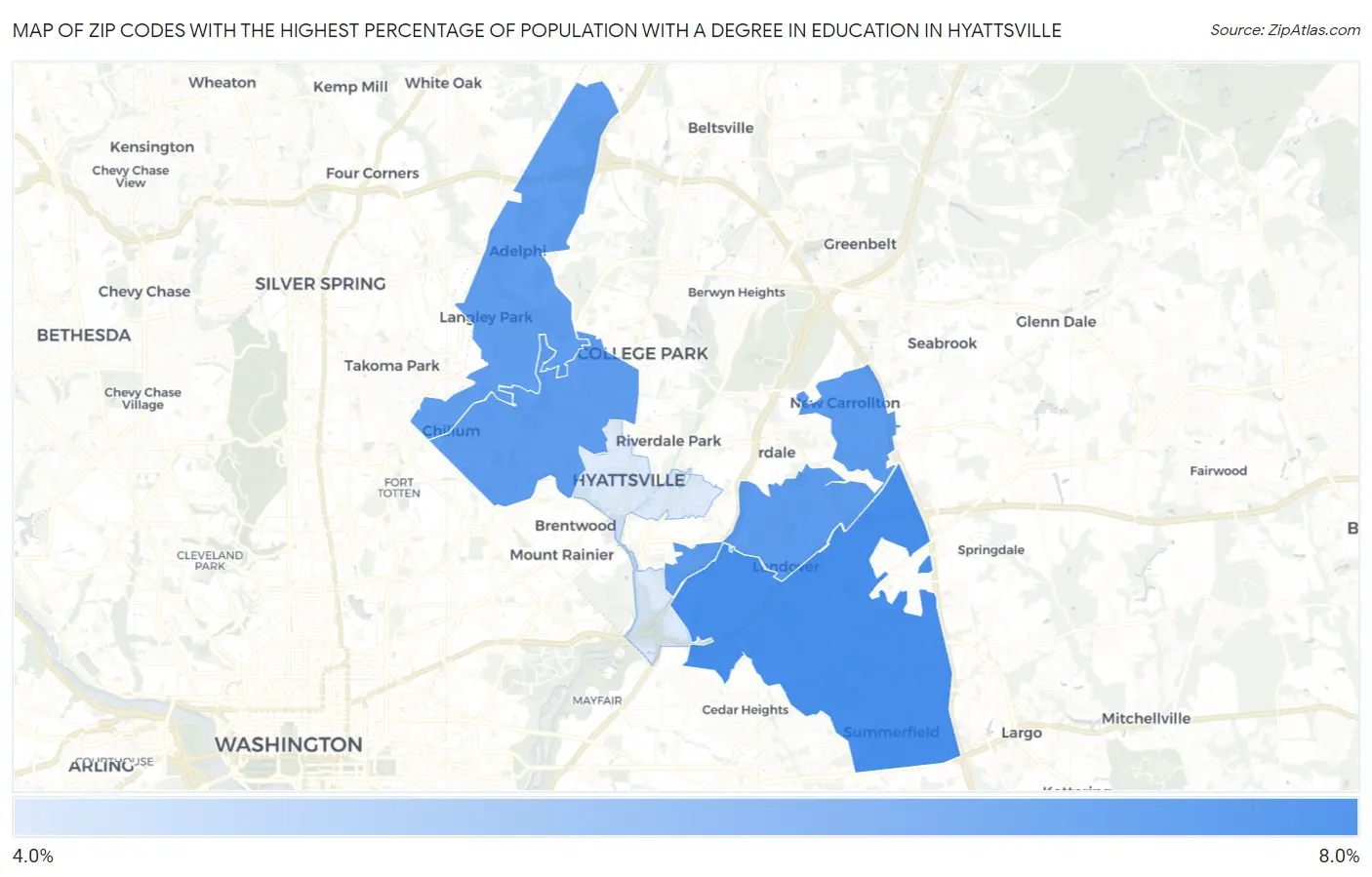 Zip Codes with the Highest Percentage of Population with a Degree in Education in Hyattsville Map