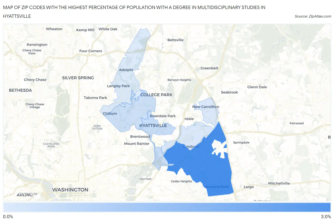 Zip Codes with the Highest Percentage of Population with a Degree in Multidisciplinary Studies in Hyattsville Map