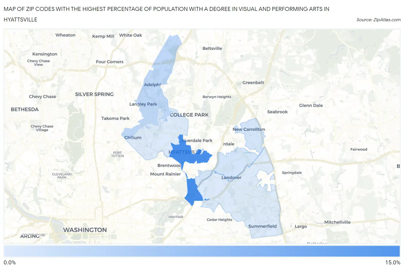 Zip Codes with the Highest Percentage of Population with a Degree in Visual and Performing Arts in Hyattsville Map