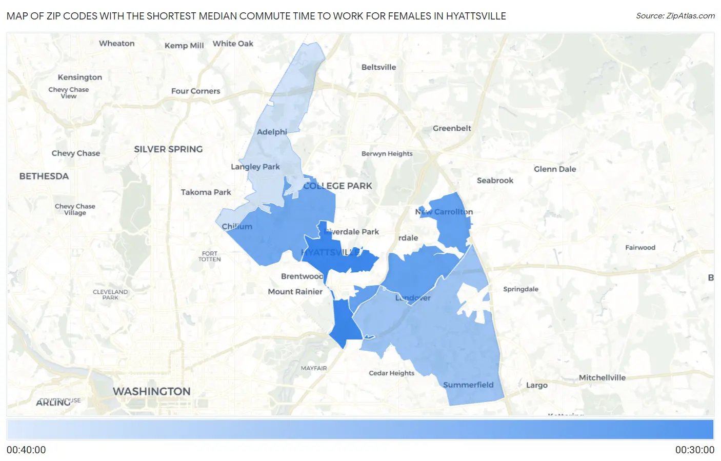 Zip Codes with the Shortest Median Commute Time to Work for Females in Hyattsville Map
