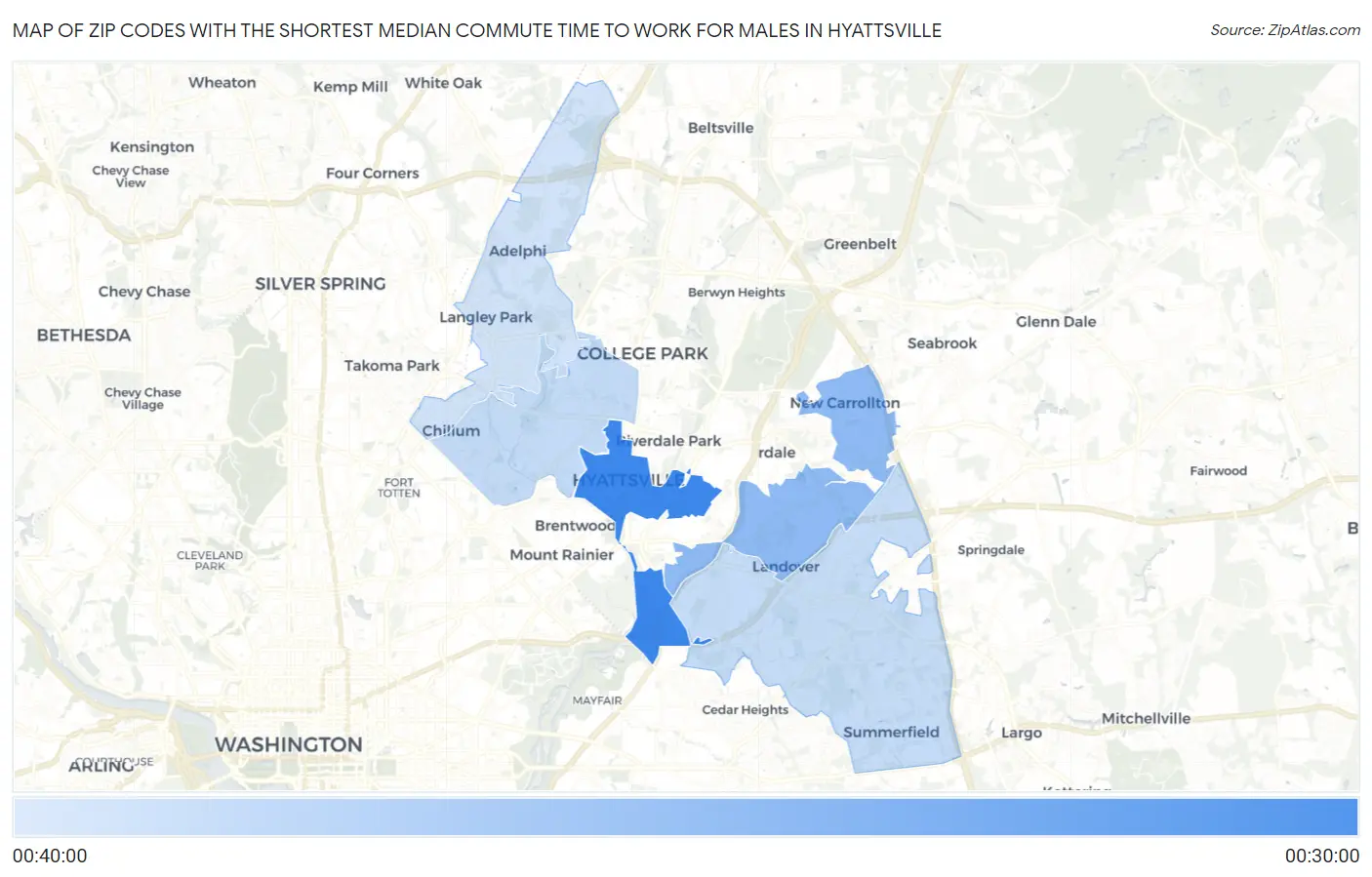 Zip Codes with the Shortest Median Commute Time to Work for Males in Hyattsville Map