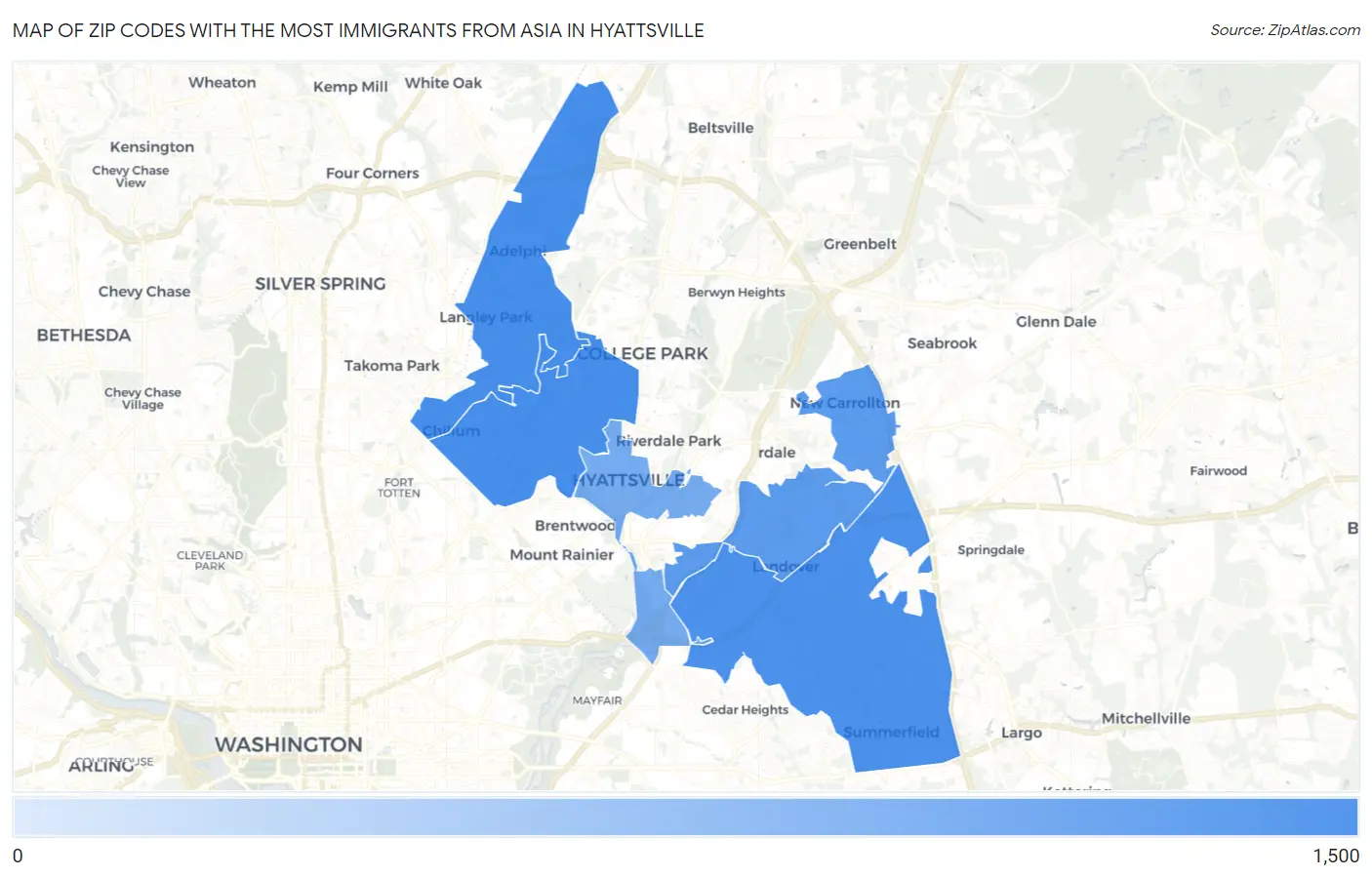 Zip Codes with the Most Immigrants from Asia in Hyattsville Map