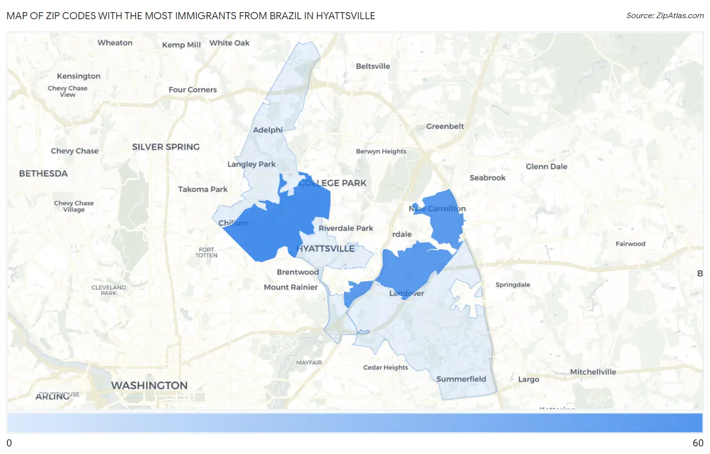 Zip Codes with the Most Immigrants from Brazil in Hyattsville Map