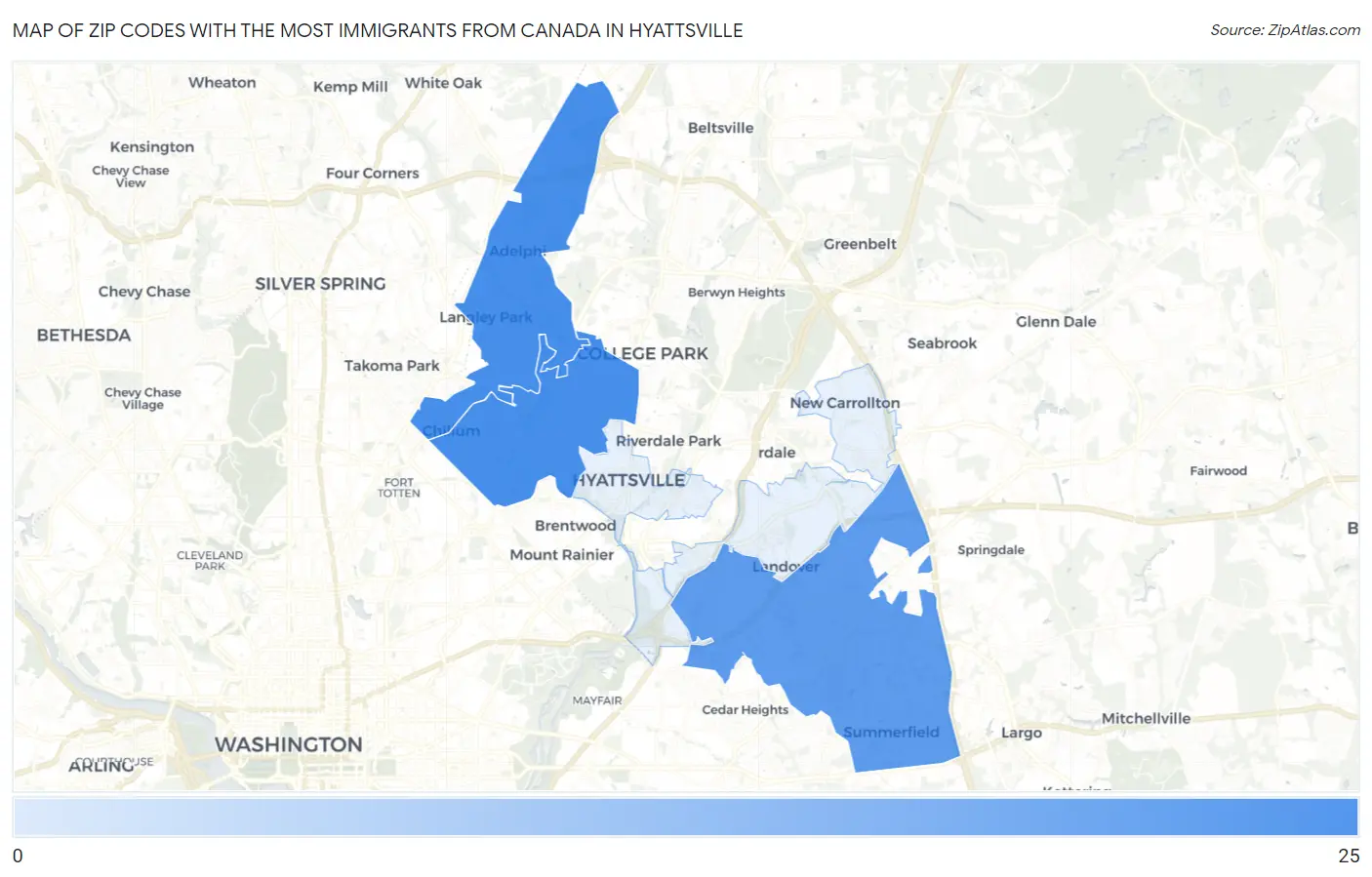 Zip Codes with the Most Immigrants from Canada in Hyattsville Map