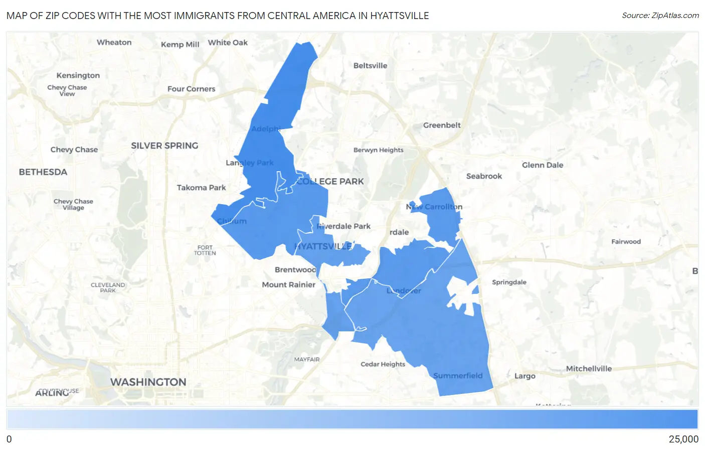 Zip Codes with the Most Immigrants from Central America in Hyattsville Map