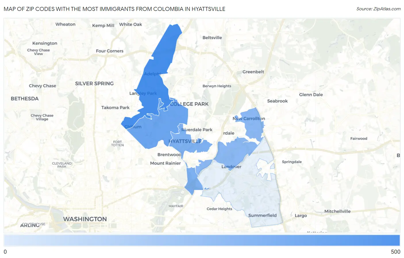 Zip Codes with the Most Immigrants from Colombia in Hyattsville Map