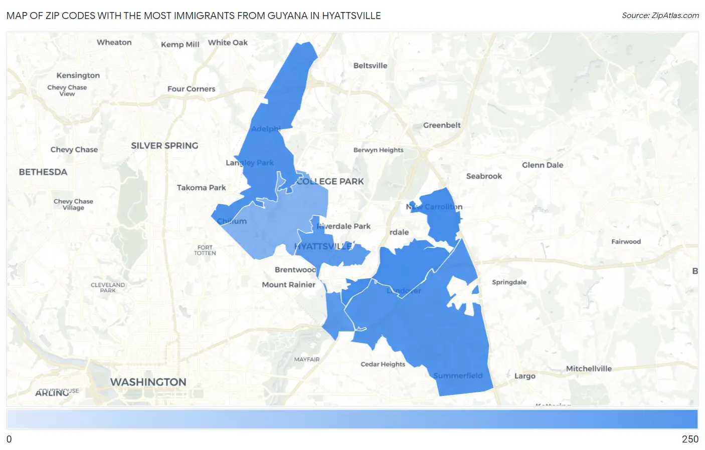 Zip Codes with the Most Immigrants from Guyana in Hyattsville Map