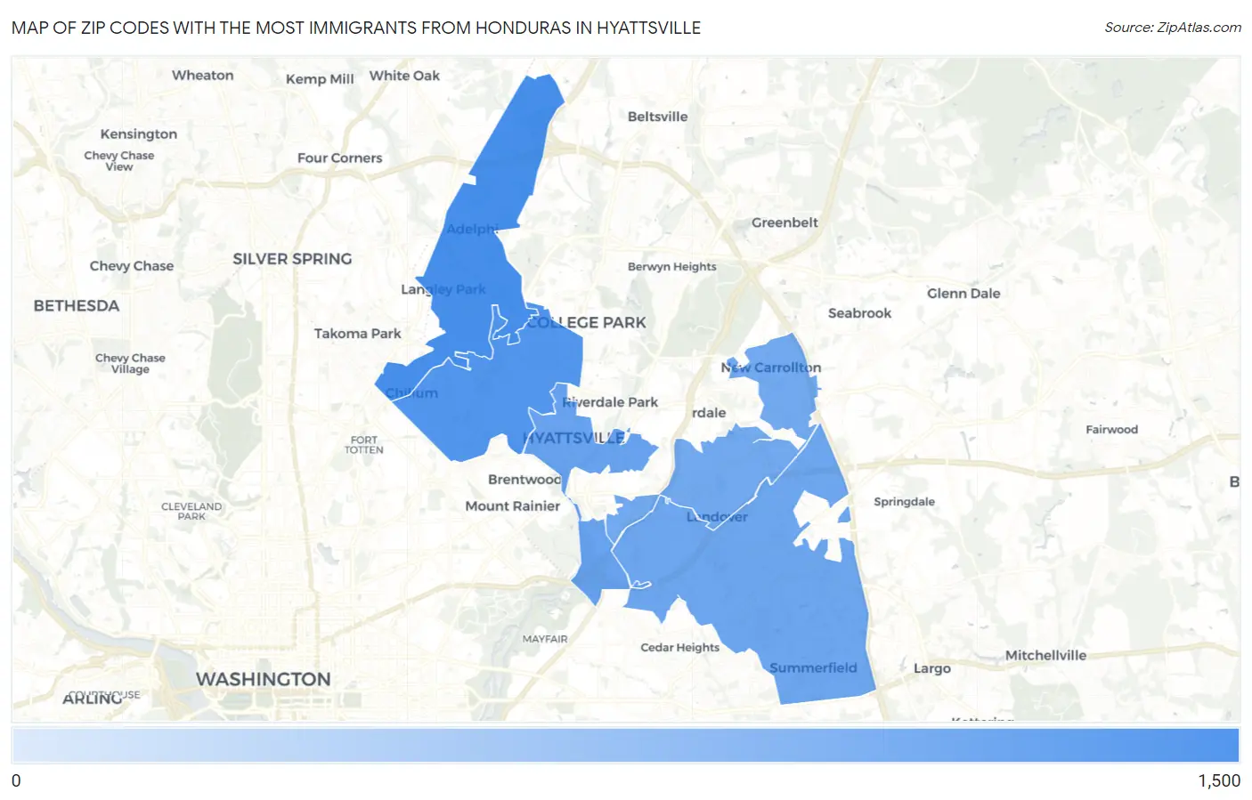 Zip Codes with the Most Immigrants from Honduras in Hyattsville Map